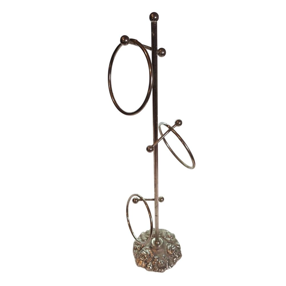 Vintage 3-Ring Small Hand Towel Holder Metal Silver Tone Counter Stand 15.25in